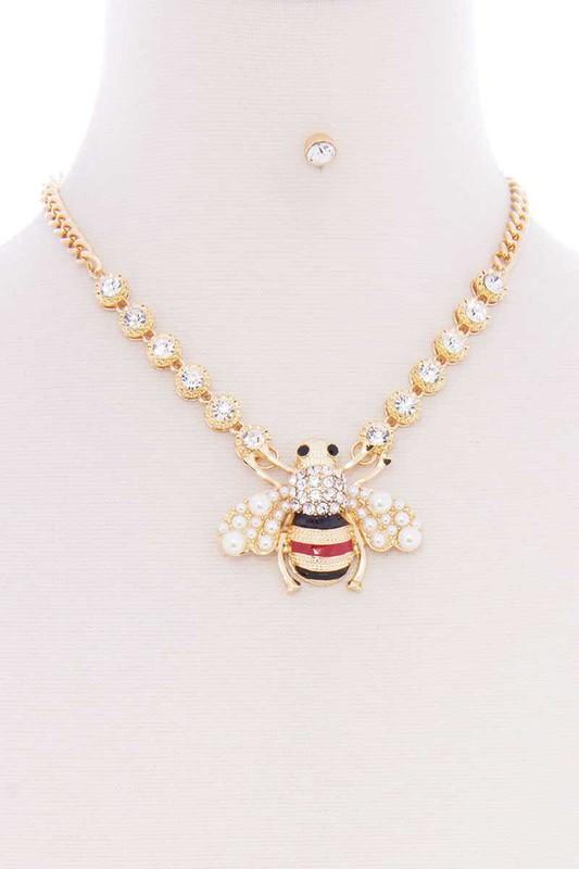 CHUNKY STONE & PEARL QUEEN BEE NECKLACE & EARRING SET